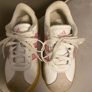 Adidas Kids White, Pink, and Tan Sneakers